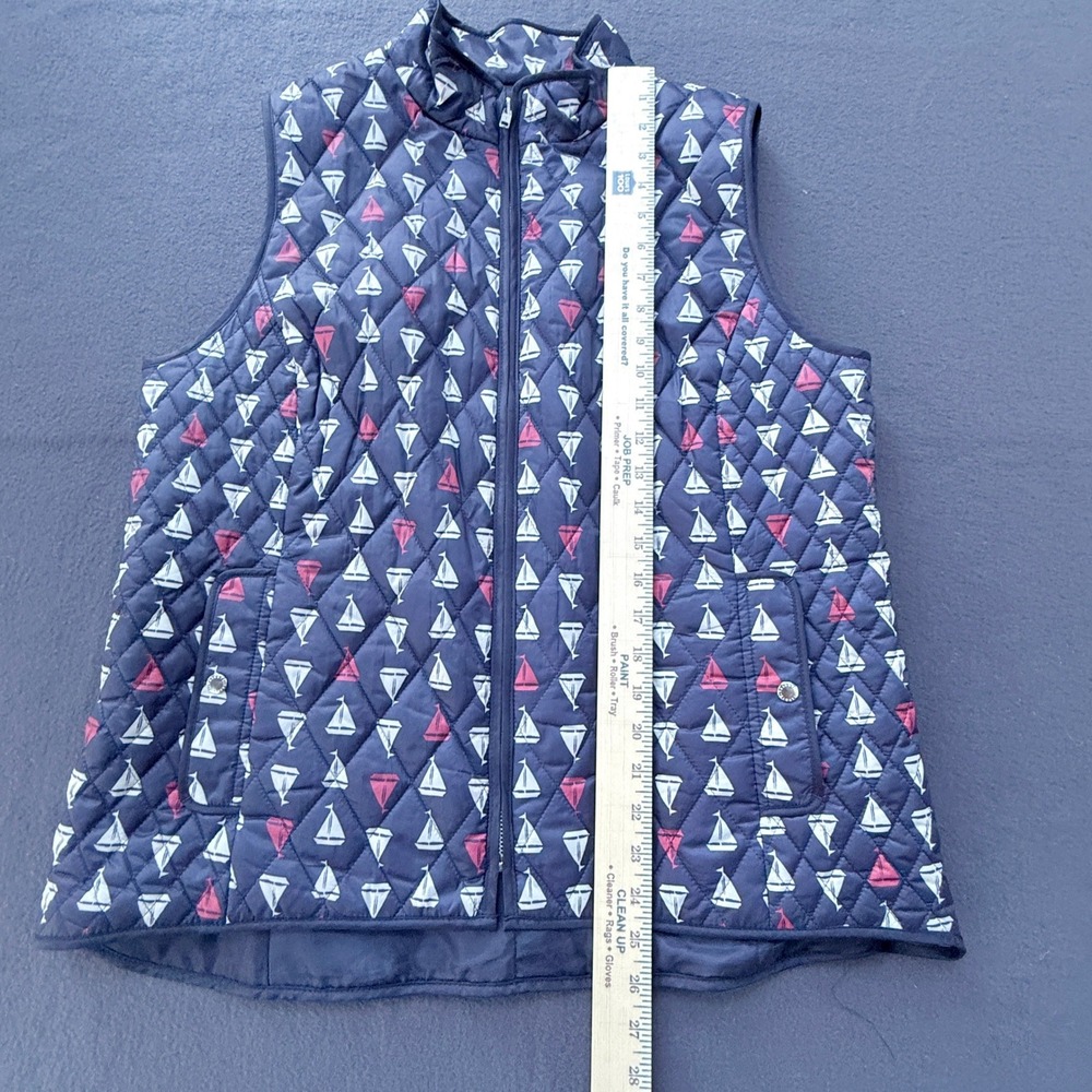 Talbots Puffer Vest Womens Large Navy Blue Sailboat Print Quilted Nautical Beach - Picture 10 of 13